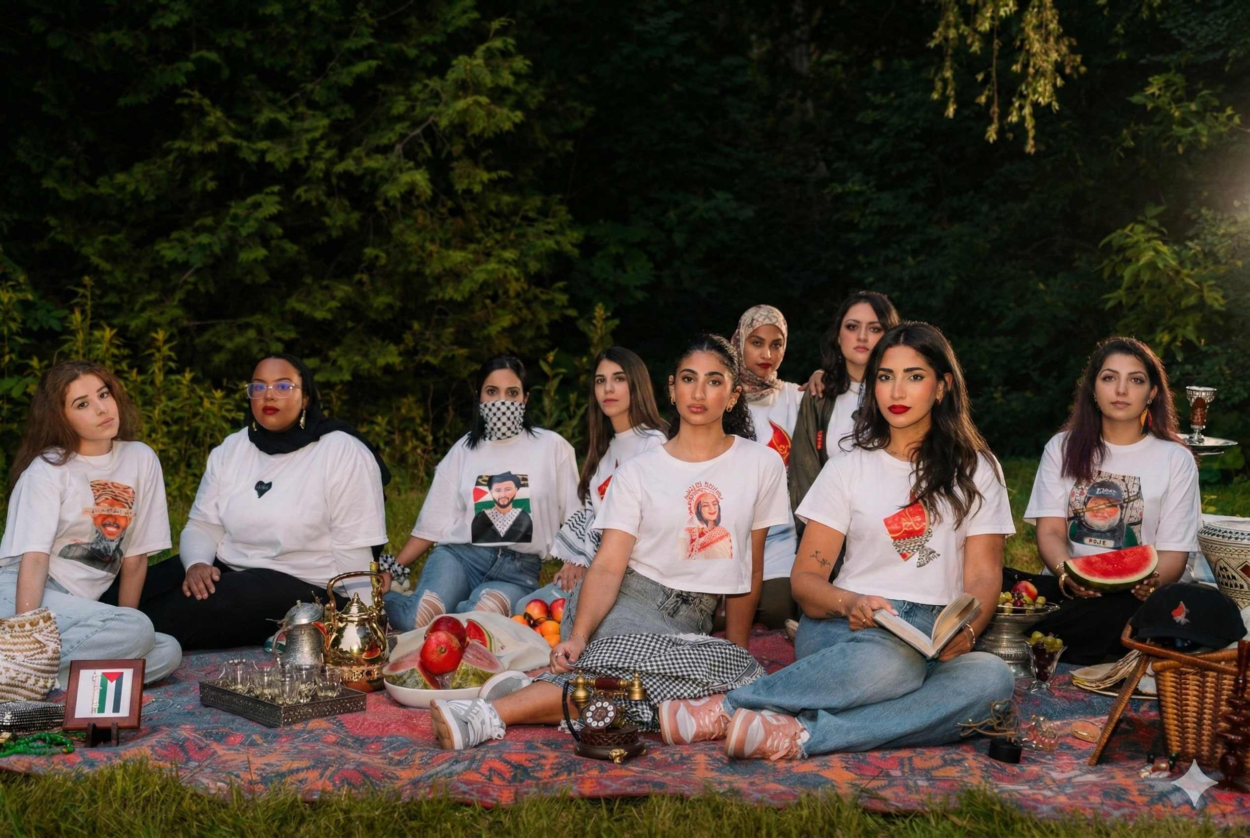 Group of women sitting on a blanket outdoors with food and drinks